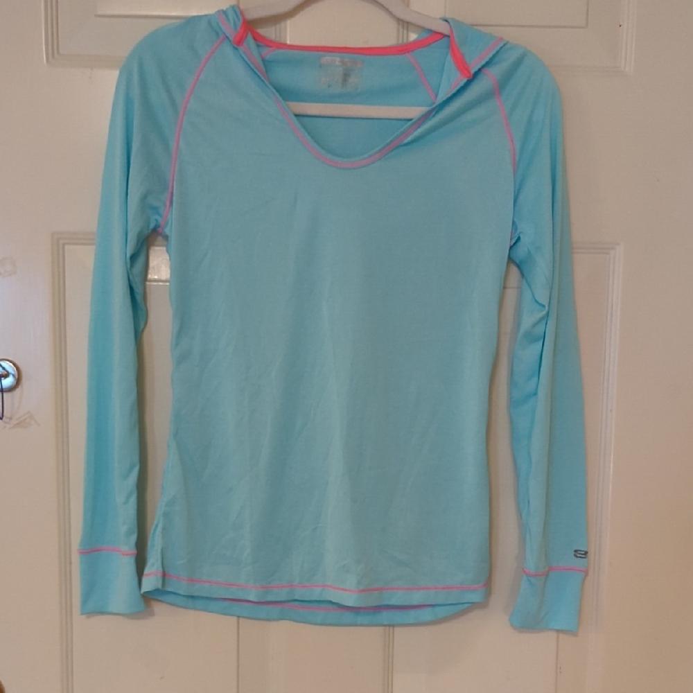 Layer 8 Women's Light Blue Hoodie Long Sleeve Top with Pink Accents